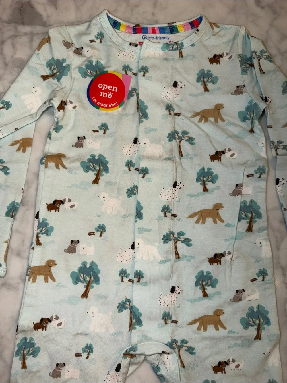 NWT Magnetic Me Modal Light Blue Animal Print Footed One-Piece 3/6M